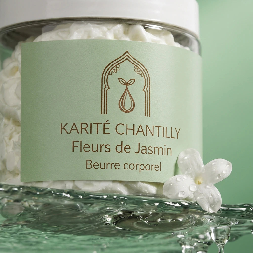 Pot de beurre corporel au karité Fleurs de Jasmin, étiquette beige en gros plan