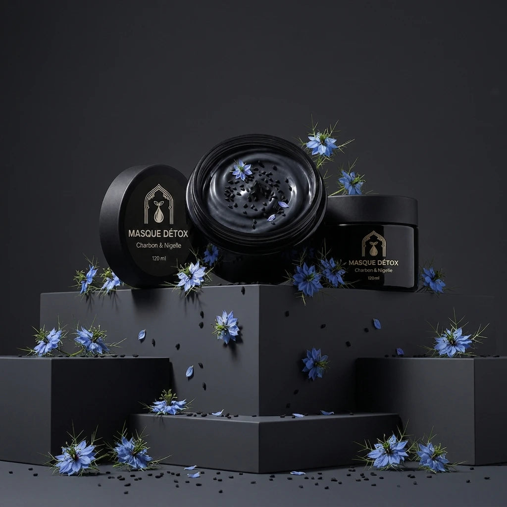 Coffret de masques noirs : pots et étuis rectangulaires, granules et fleurs bleues