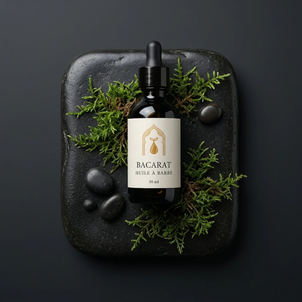 Flacon d’huile à barbe Bacarat, bouchon noir, flacon sombre et étiquette crème