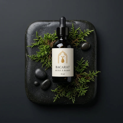 Flacon d’huile à barbe Bacarat, bouchon noir, flacon sombre et étiquette crème
