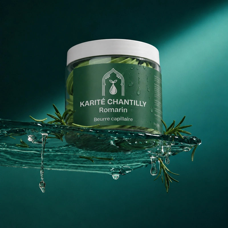 Pot de beurre de karité chantilly au romarin vert, brins de romarin et gouttes.