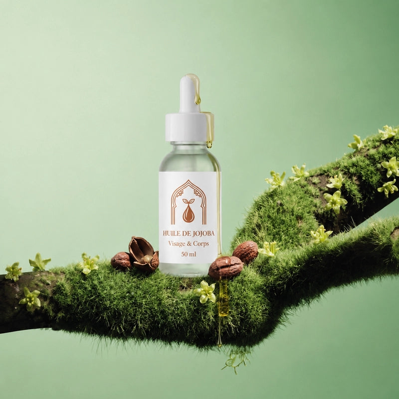Huile de jojoba en flacon blanc sur mousse verte, pipette et goutte en suspension