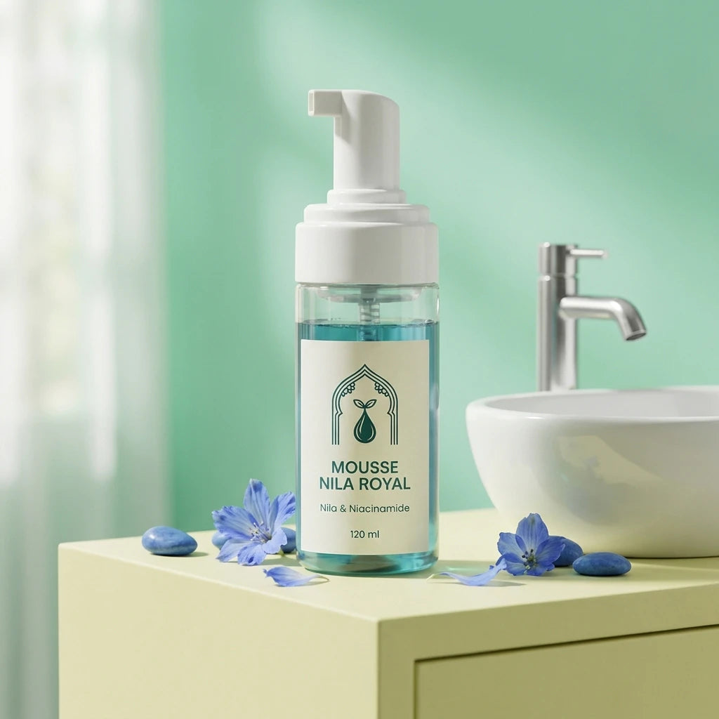 Mousse Nila Royal en flacon-pompe, verre transparent, liquide bleu-vert