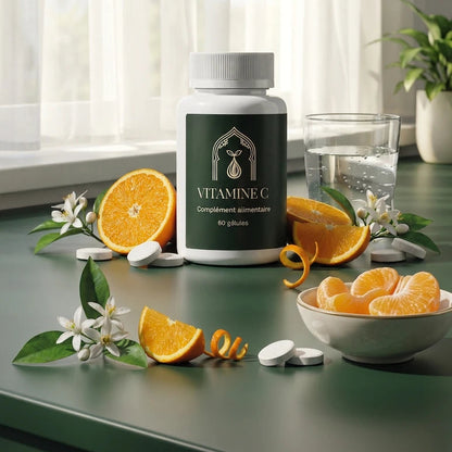 Bocal vert Vitamine C sur table, gélules et bol de segments d’orange