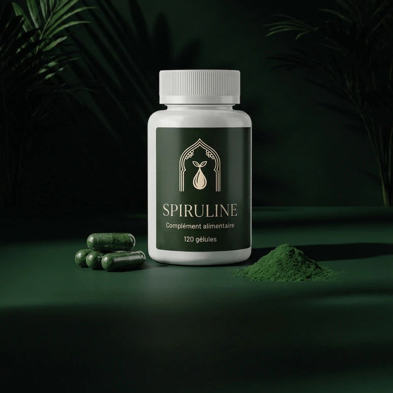 Flacon de compléments Spiruline, poudre verte et gélules vertes.