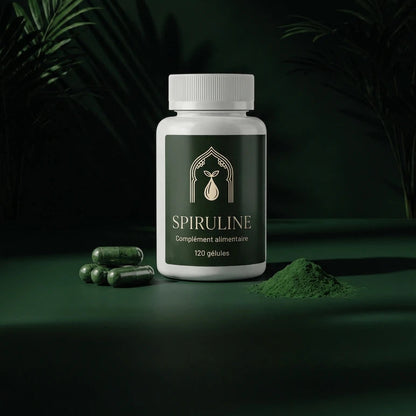 Flacon de compléments Spiruline, poudre verte et gélules vertes.