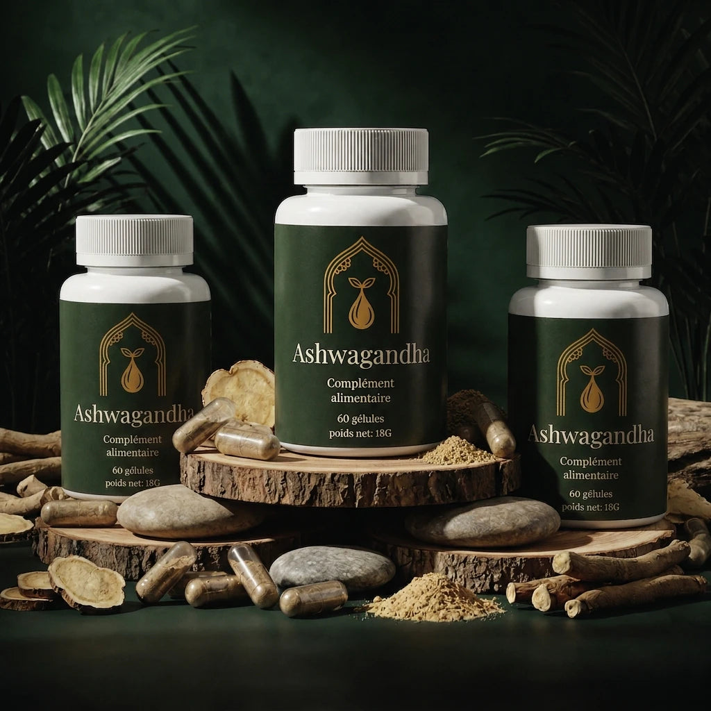 Ensemble de 3 bocaux de complément alimentaire Ashwagandha verts avec gélules et poudre sur bois.