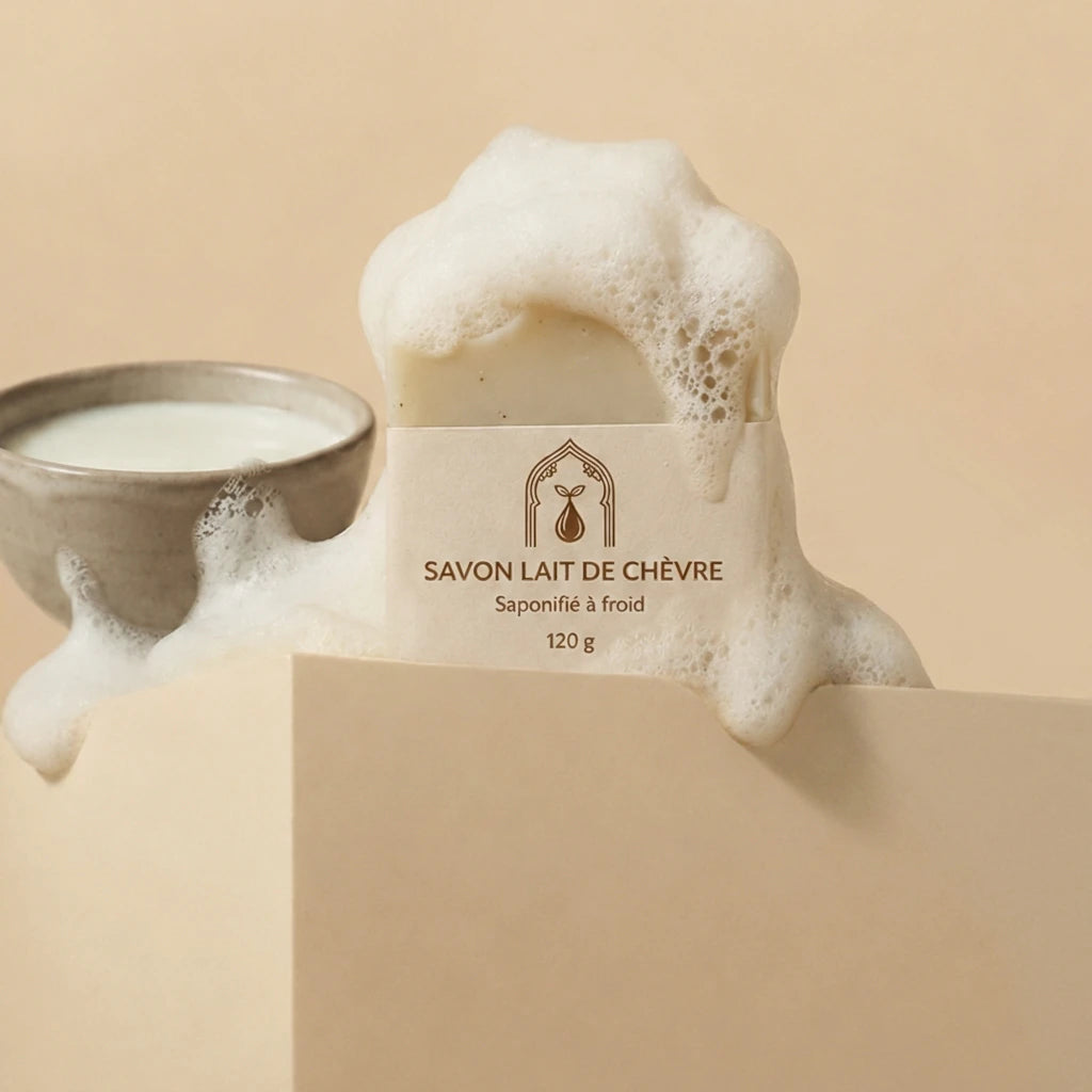 Savon au lait de chèvre blanc, étiquette crème, mousse visible autour