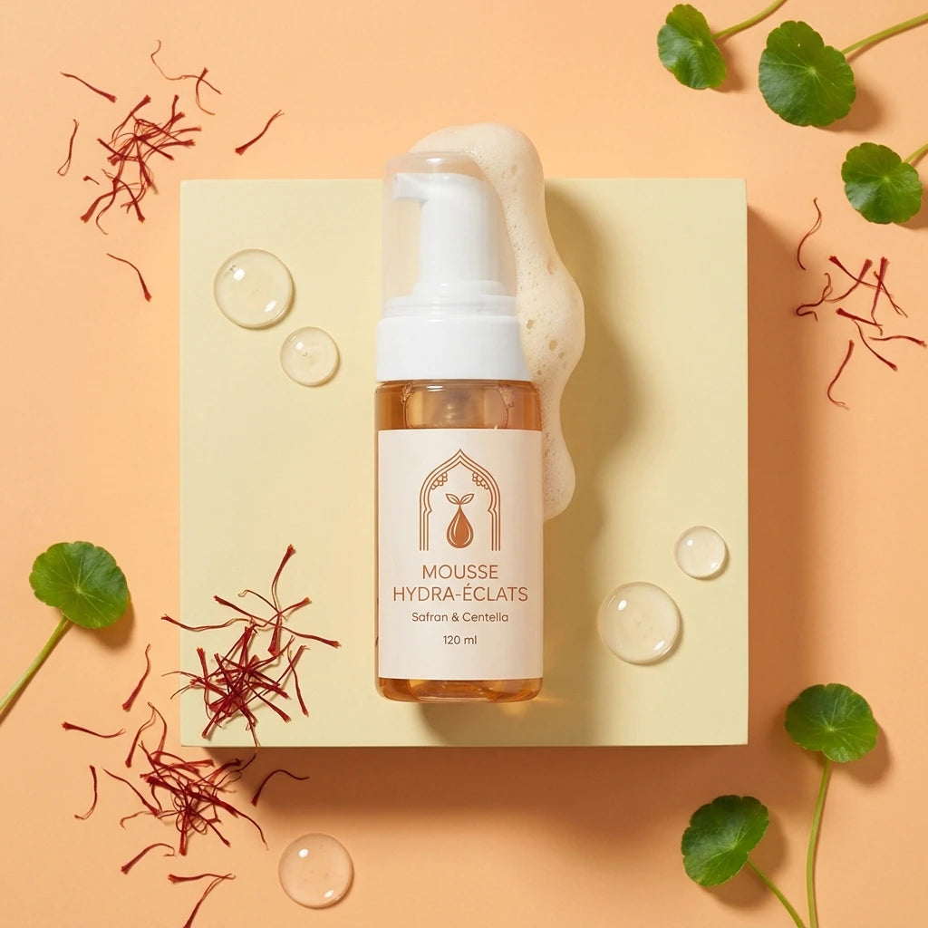 Flacon-pompe mousse hydra-éclats sur fond clair, feuilles vertes et safran rouge autour