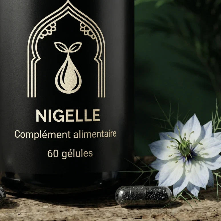 Flacon Nigelle en gros plan : « Complément alimentaire », 60 gélules, capsule noire.
