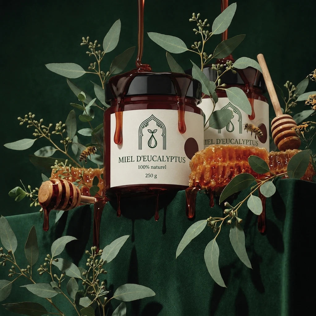 Deux pots de miel d’eucalyptus en verre ambré, couvercle noir, label crème.