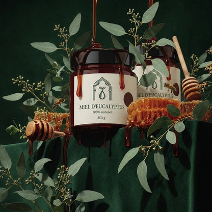 Deux pots de miel d’eucalyptus en verre ambré, couvercle noir, label crème.