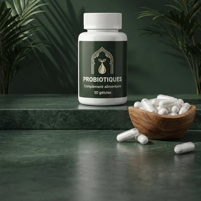Bocal de probiotiques blanc avec étiquette vert foncé, gélules blanches dans un bol en bois