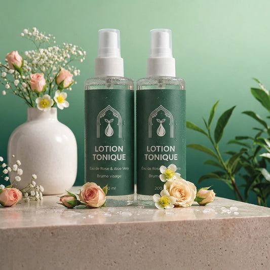 Deux flacons de lotion tonique vert à pompe spray, étiquette blanche « LOTION TONIQUE », 200 ml.