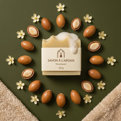 Savon solide en bloc ivoire avec étiquette beige, entouré d’amandes et petites fleurs