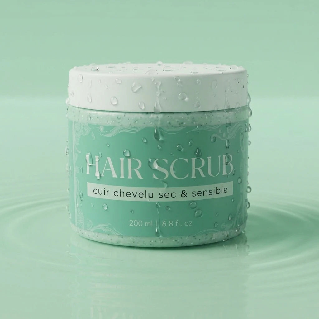 Pot de gommage capillaire nourrissant vert clair, couvercle blanc, étiquettes lisibles
