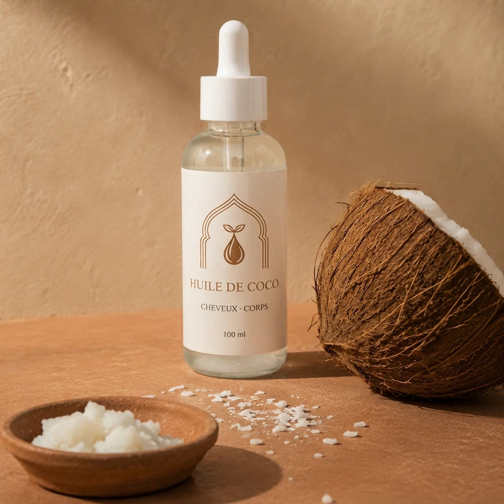 Flacon d’huile de coco 100 ml, noix de coco et copeaux blancs sur table.