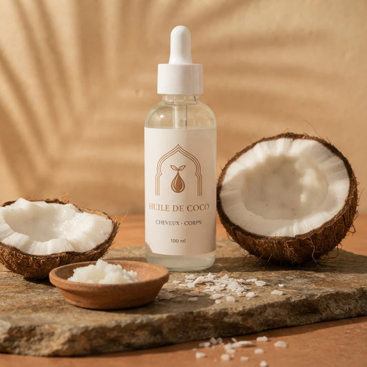 Flacon d’huile de coco 100 ml entouré de demi-noix de coco et copeaux.