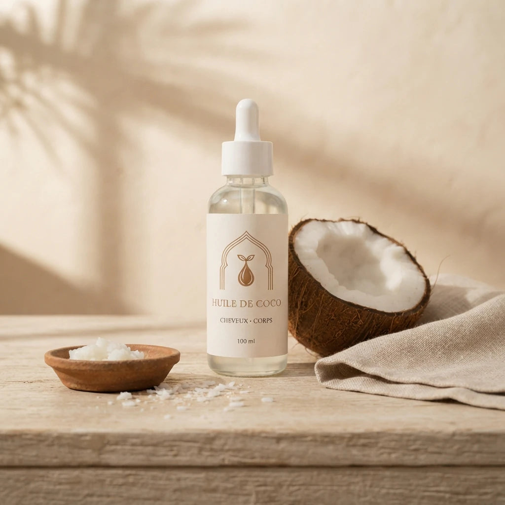 Flacon d’huile de coco 100 ml avec goutteur blanc, noix de coco et tissu beige.