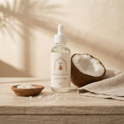 Flacon d’huile de coco 100 ml avec goutteur blanc, noix de coco et tissu beige.