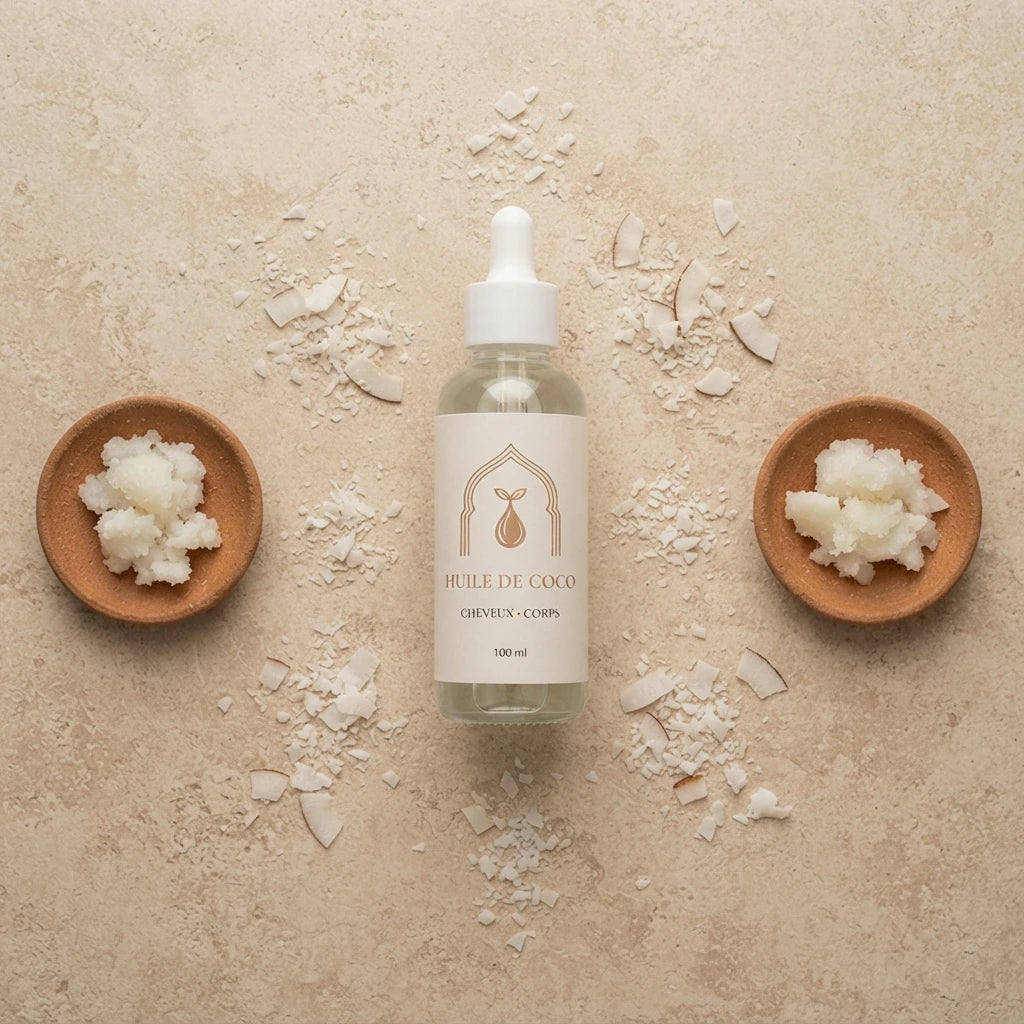 Bouteille d’huile de coco en verre avec compte-gouttes et étiquette, 100 ml.
