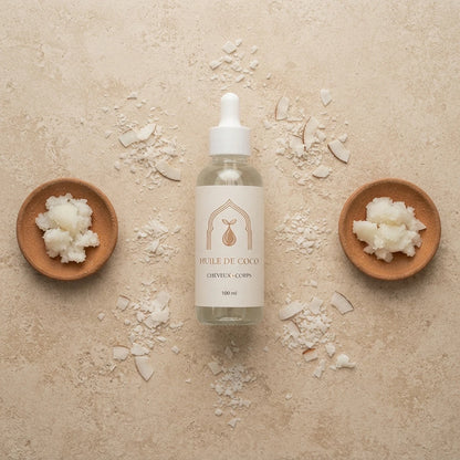Bouteille d’huile de coco en verre avec compte-gouttes et étiquette, 100 ml.