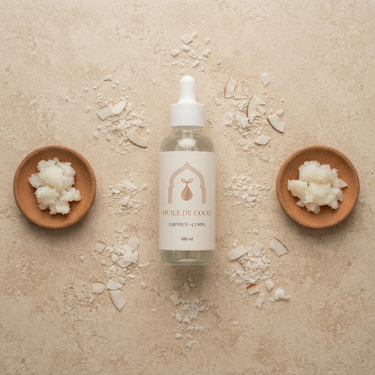 Bouteille d’huile de coco en verre avec compte-gouttes et étiquette, 100 ml.