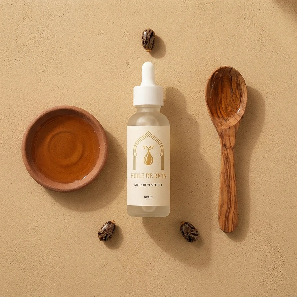 Huile de ricin en bouteille blanche, bol brun et cuillère en bois