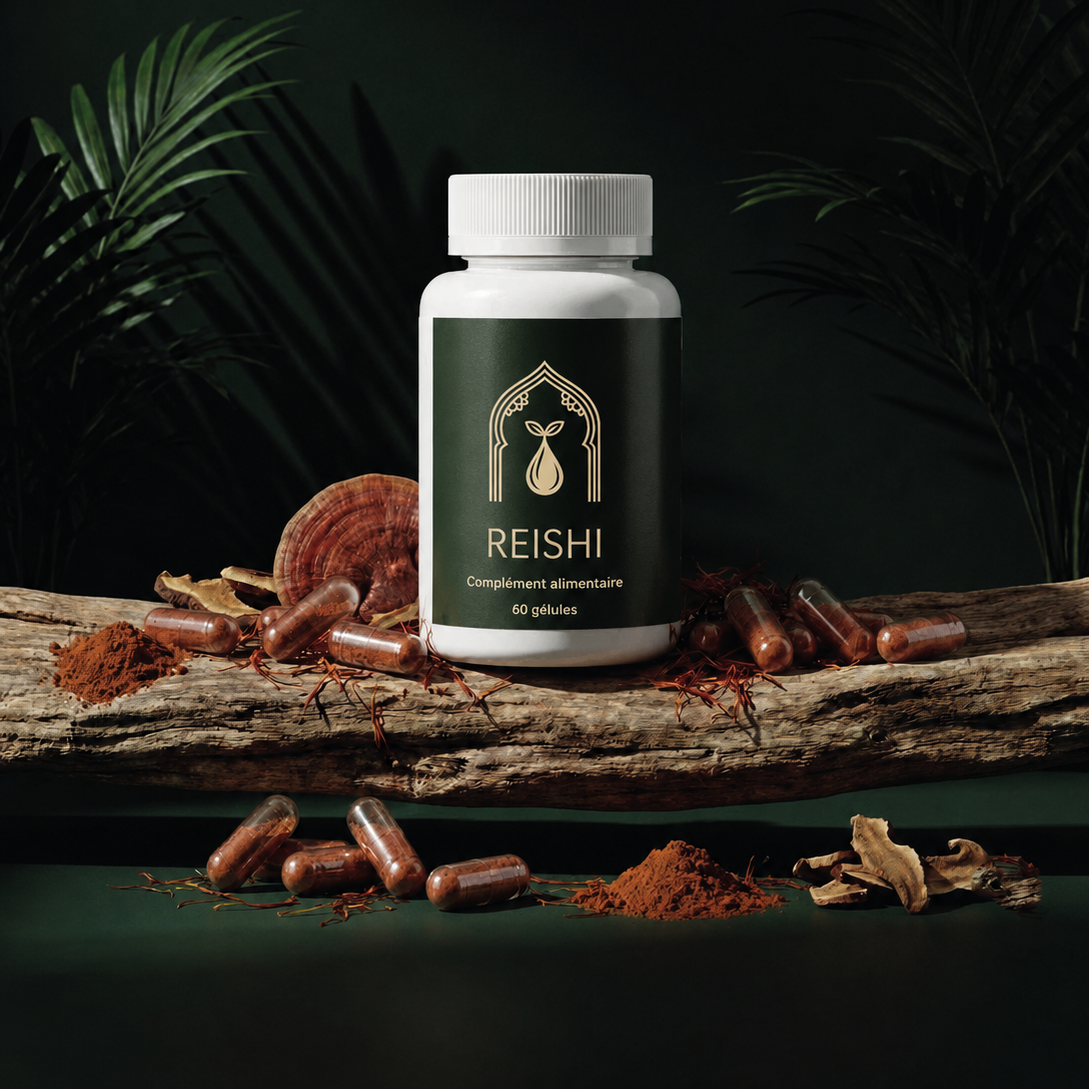 Pot de gélules Reishi 60, étiquette vert foncé, capsules et poudre sur bûche