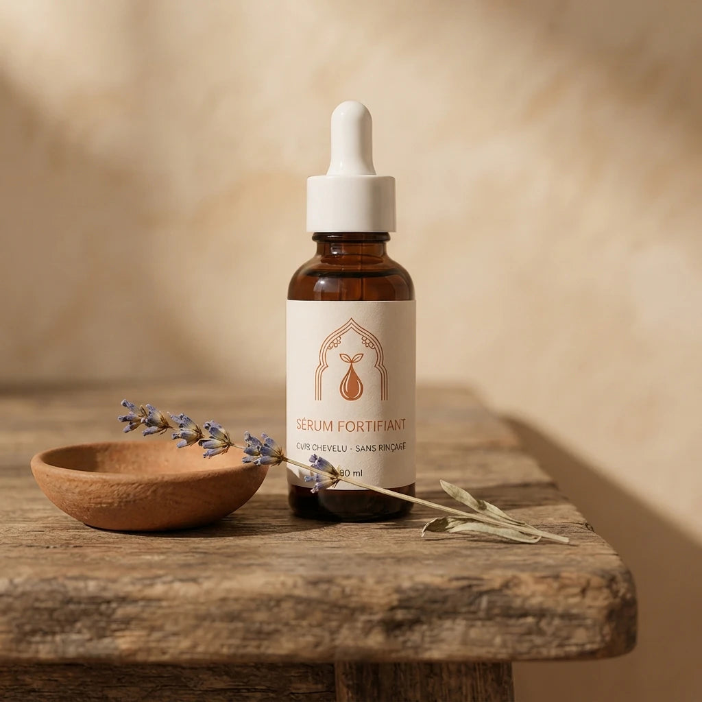 Sérum fortifiant pour cheveux en flacon ambré, pipette et éléments de plante, 30 ml