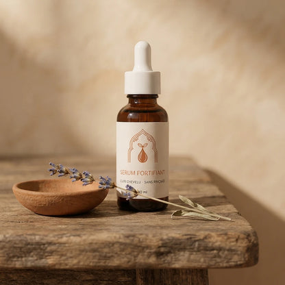 Sérum fortifiant pour cheveux en flacon ambré, pipette et éléments de plante, 30 ml