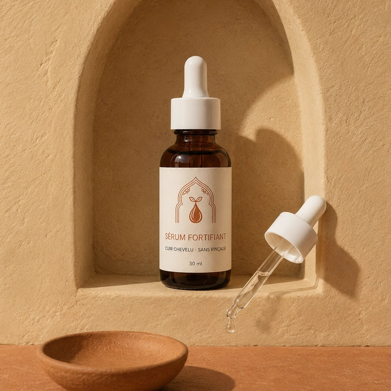 Sérum fortifiant pour cheveux en flacon ambré avec pipette blanche, 30 ml