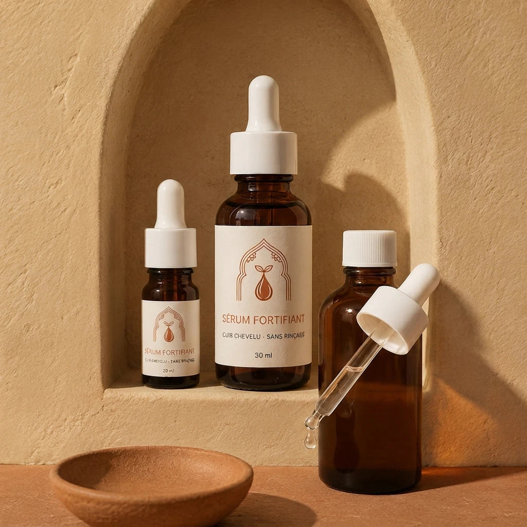 Sérum fortifiant pour cheveux : flacon ambré et deux petits flacons avec pipettes, 30 ml