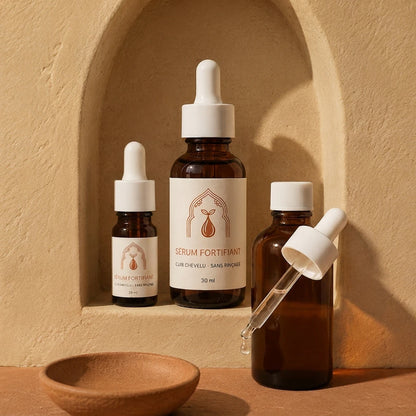 Sérum fortifiant pour cheveux : flacon ambré et deux petits flacons avec pipettes, 30 ml