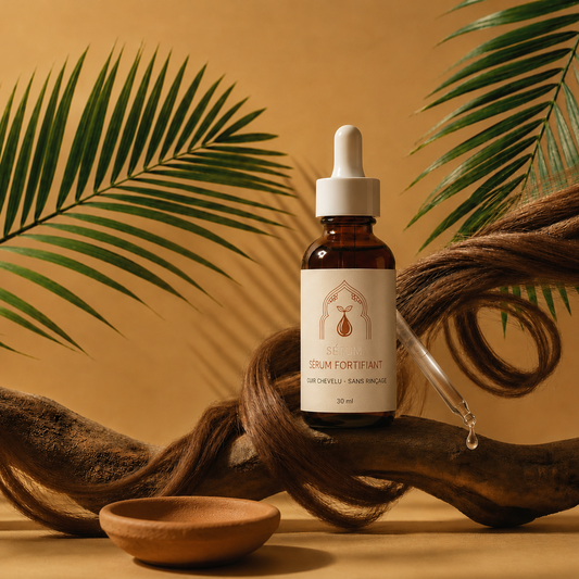 Flacon de sérum fortifiant pour cheveux ambré avec pipette, 30 ml, sur surface en bois