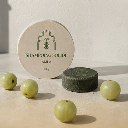 Pain de shampoing solide vert amla avec étiquette ronde beige, 70 g