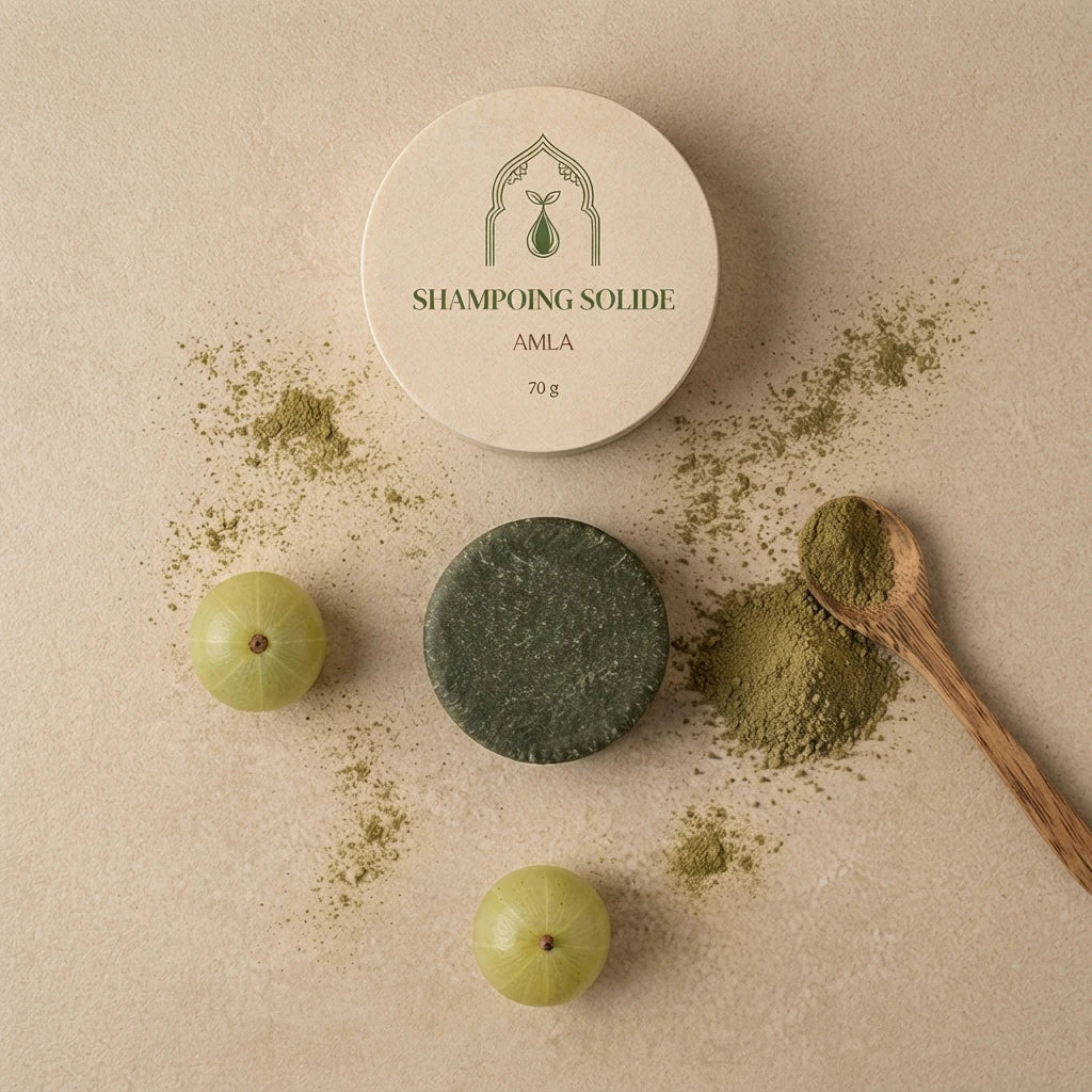 Shampoing solide vert amla et étiquette ronde beige, 70 g