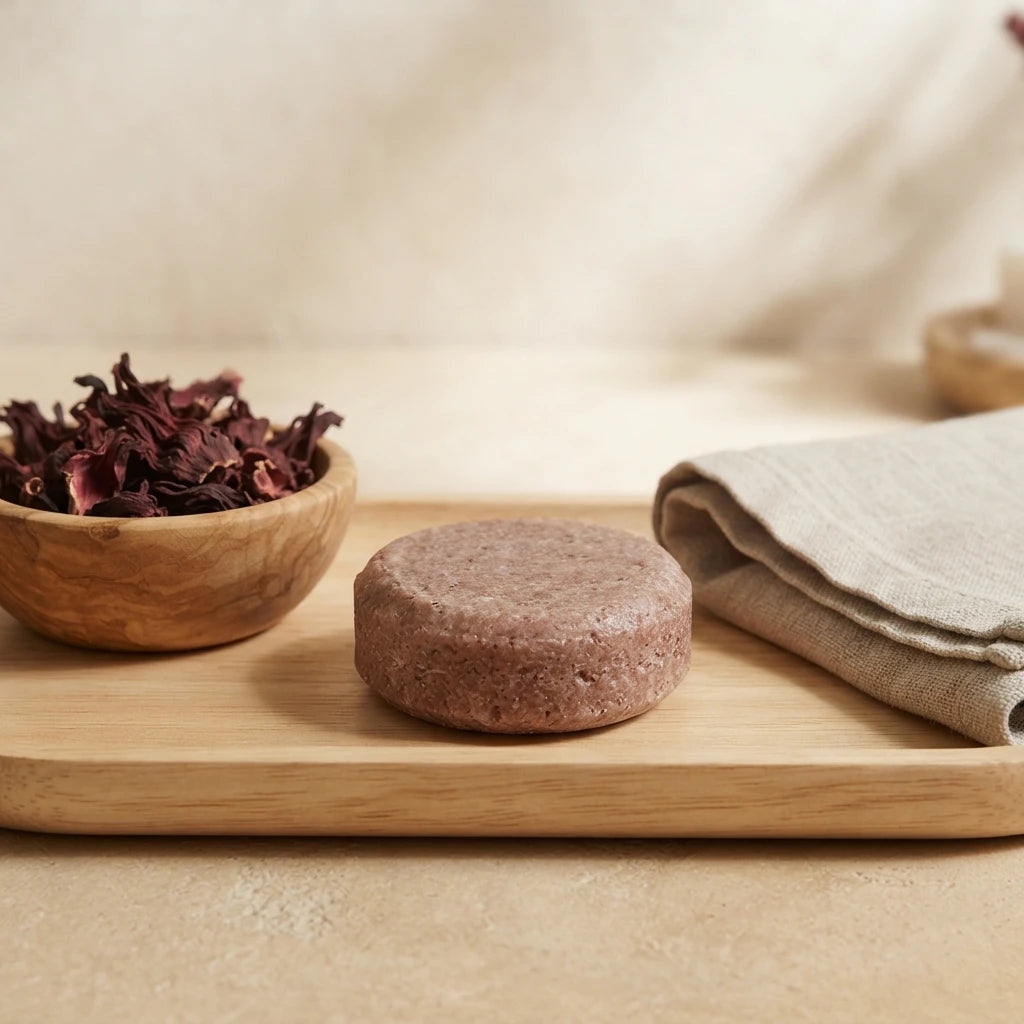 Shampoing solide brun, pastille ronde sur une planche en bois.