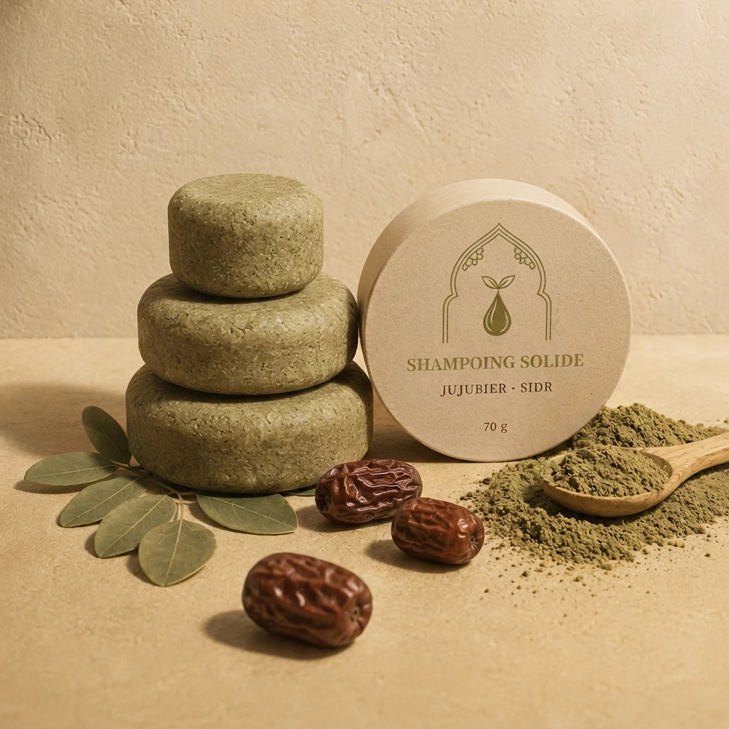 Pile de shampoings solides vert olive et pastille ronde de shampoing solide