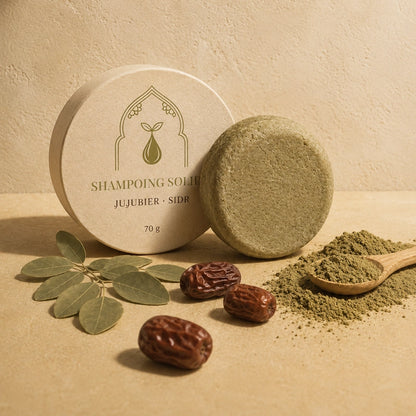 Shampoing solide en pastille ronde et galette vert olive, avec poudre sur une cuillère