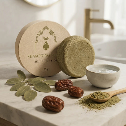 Shampoing solide en pastille vert olive, avec une autre galette et poudre à côté