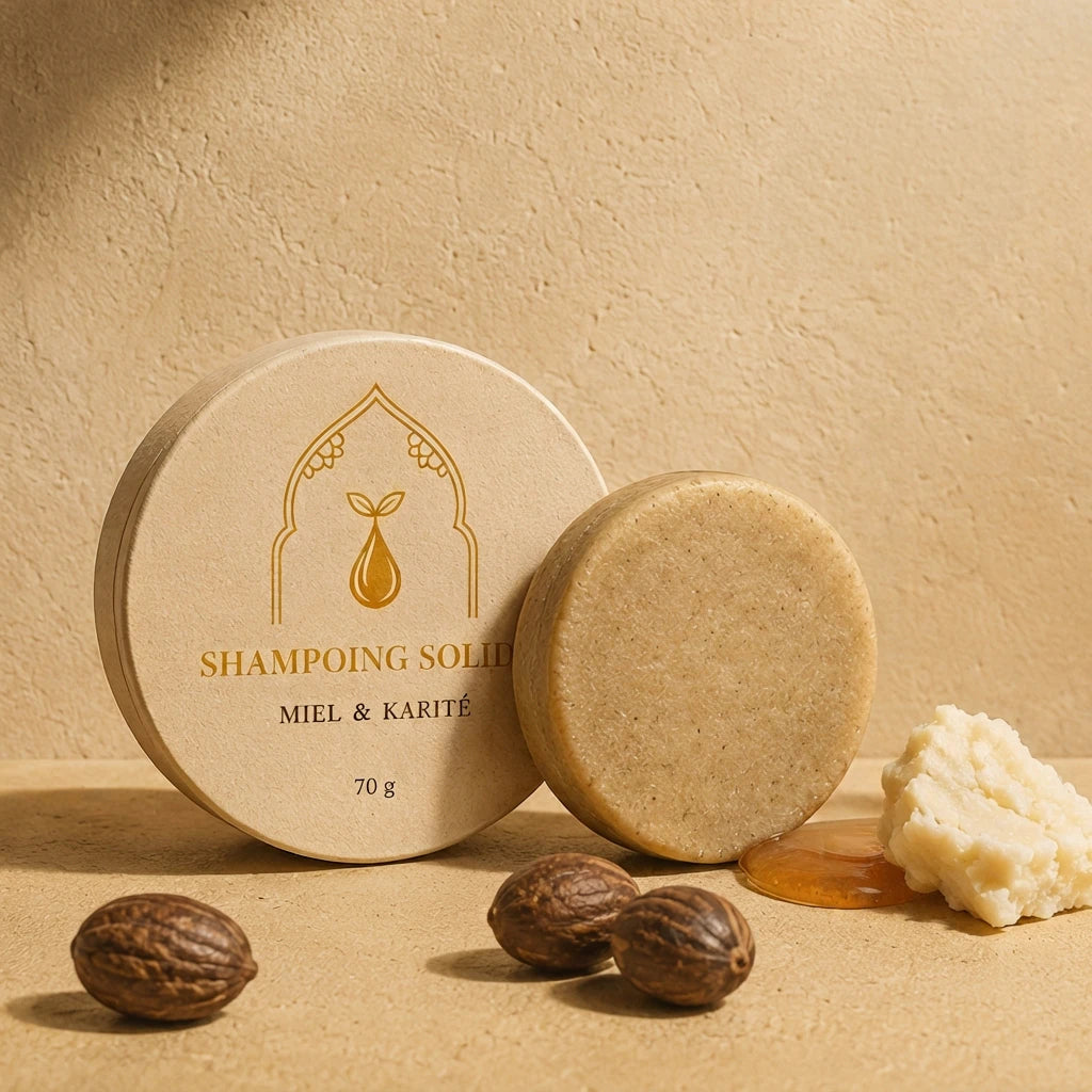 Shampoing solide beige : boîtier rond imprimé et pastille, entourés de noix