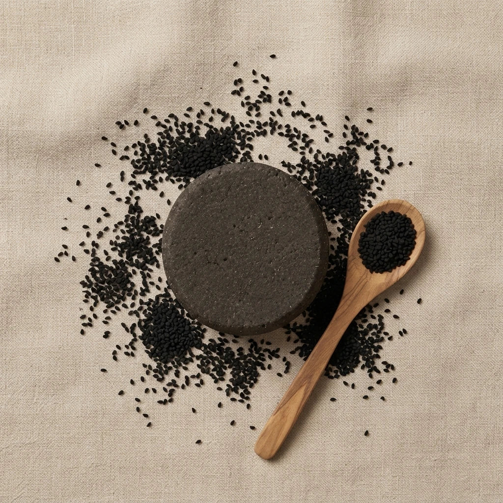Barre de shampooing solide foncée et graines de nigelle sur une cuillère en bois.