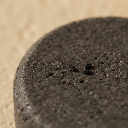 Barre de shampooing solide foncée, gros plan sur sa texture granuleuse.