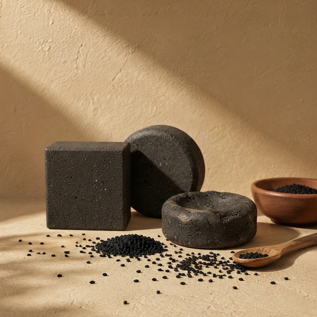 Ensemble de barres de shampooing solide foncées avec cuillères en bois et graines.