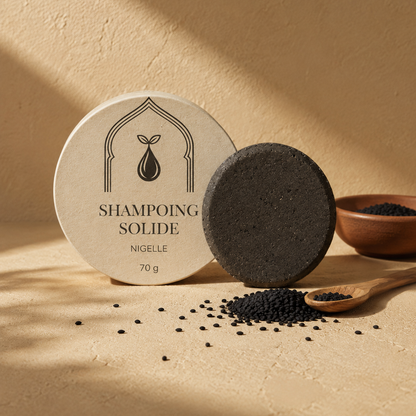 Boîtier rond et barre de shampooing solide foncée, graines de nigelle au premier plan.