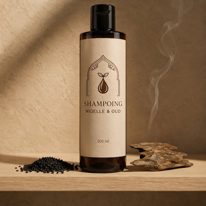 Flacon de shampoing nigelle & oud 200 ml, étiquette crème et capuchon noir, avec graines