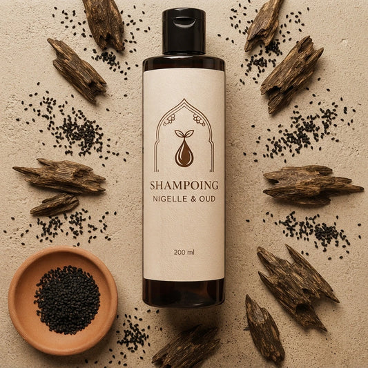 Shampoing nigelle & oud 200 ml au centre, entouré de graines noires et de morceaux de bois
