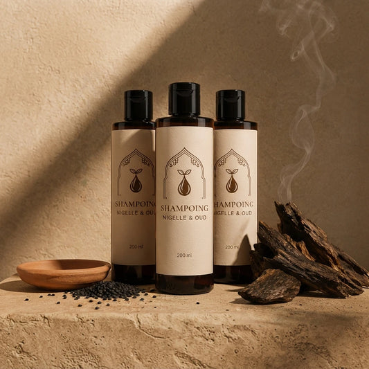 Shampoing nigelle & oud en flacons noirs, étiquette beige, lot de 3, 200 ml