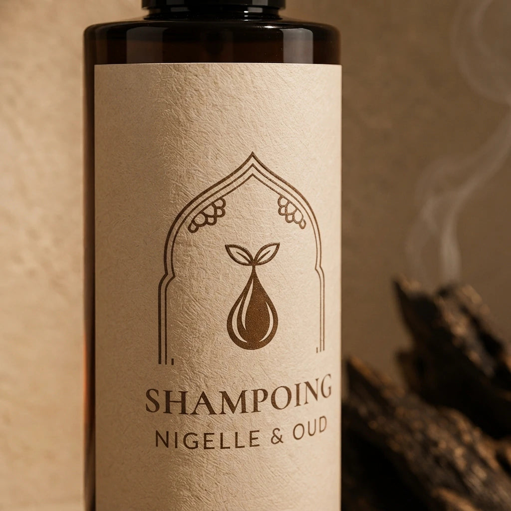 Shampoing nigelle & oud : flacon noir et étiquette crème avec symbole de nigelle